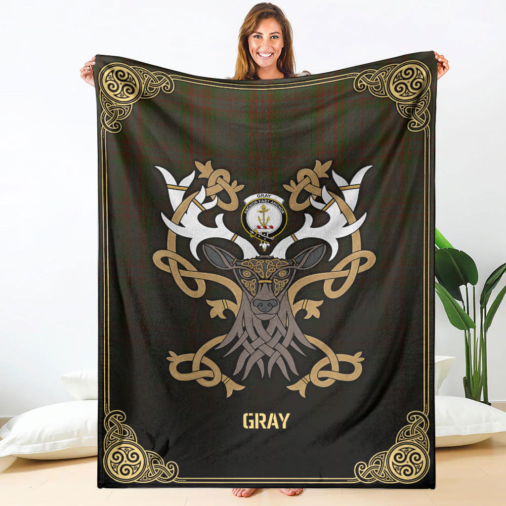 Gray Tartan Crest Premium Blanket - Celtic Stag style