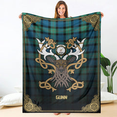 Gunn Ancient Tartan Crest Premium Blanket - Celtic Stag style