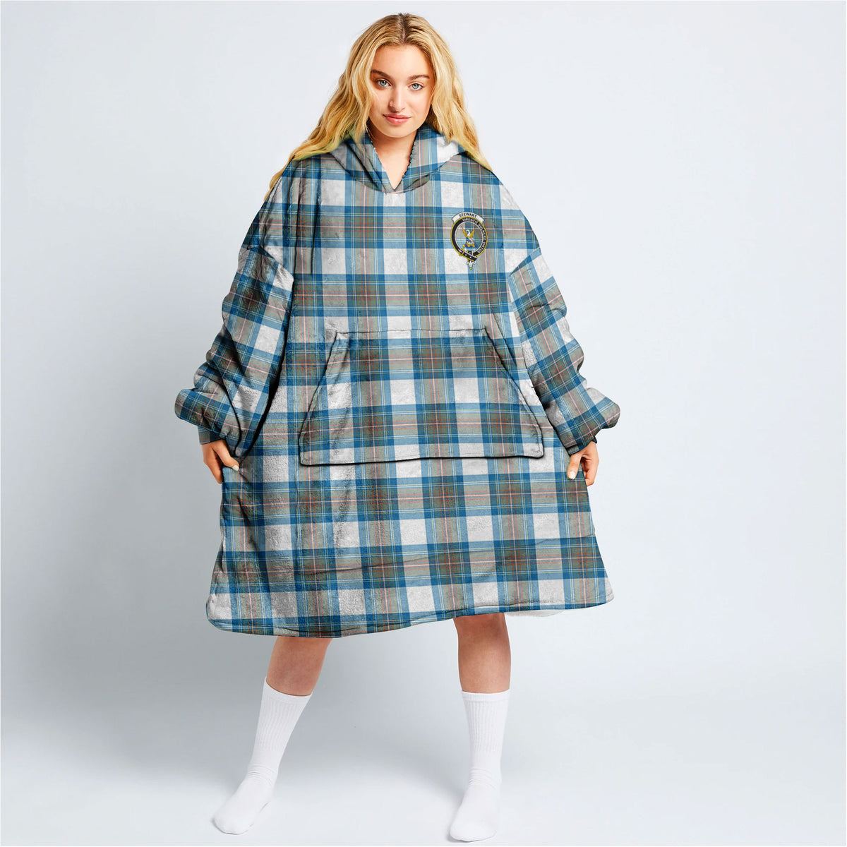 Stewart Muted Blue Tartan Hoodie Blanket