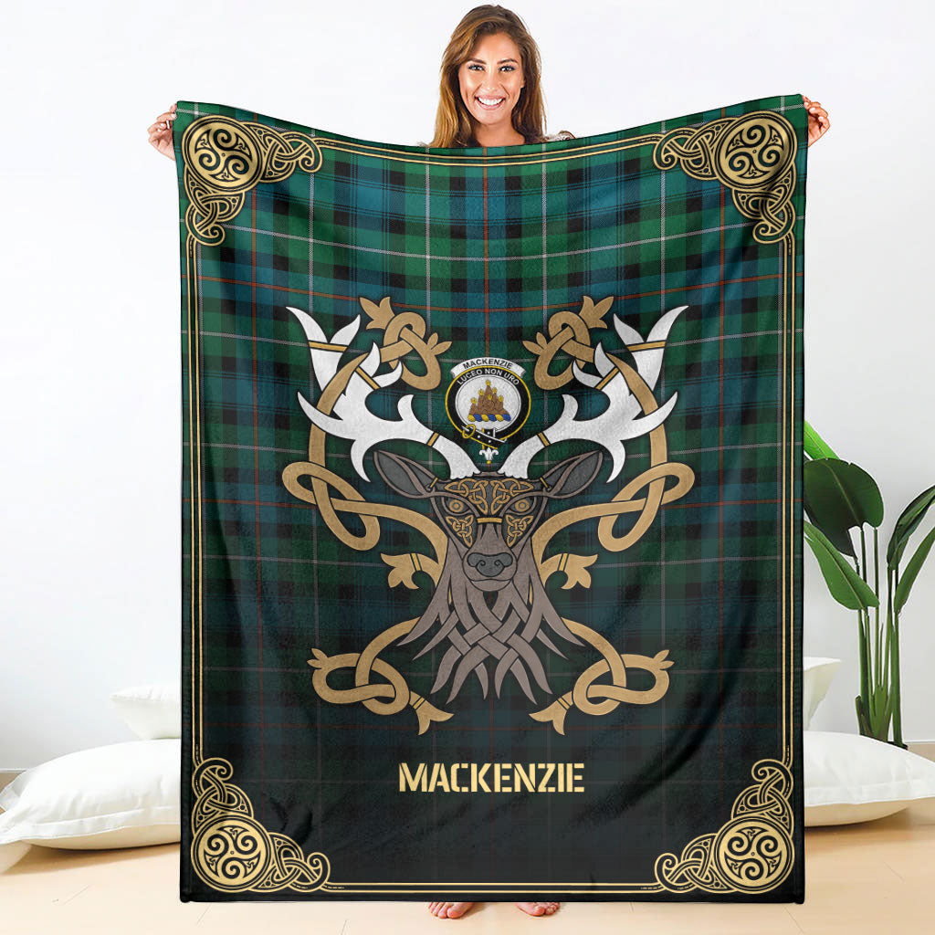 MacKenzie Ancient Tartan Crest Premium Blanket - Celtic Stag style