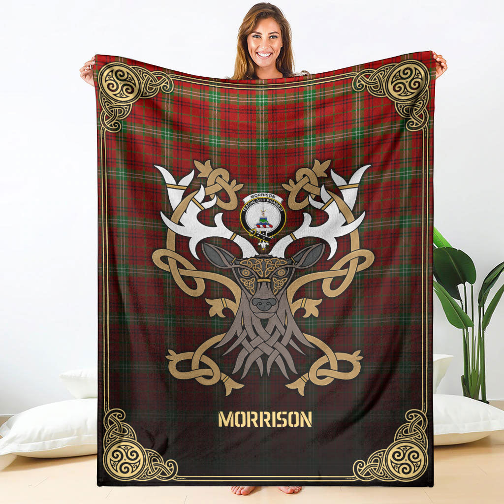 Morrison Red Modern Tartan Crest Premium Blanket - Celtic Stag style