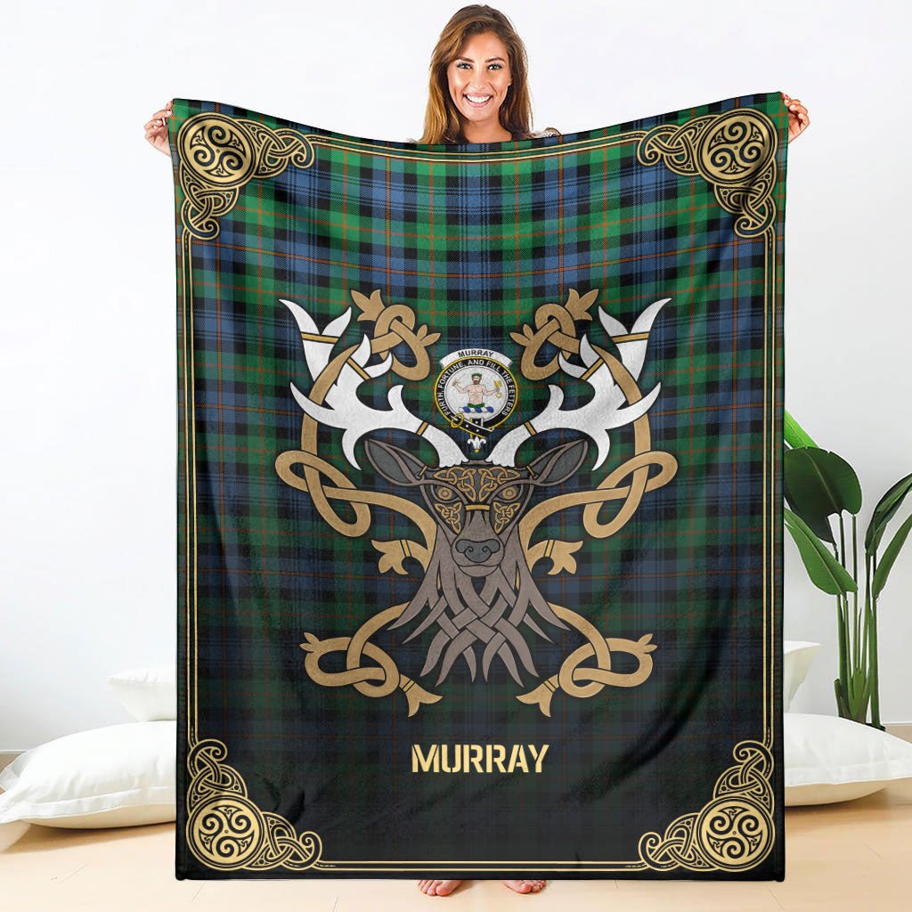 Murray of Atholl Ancient Tartan Crest Premium Blanket - Celtic Stag style