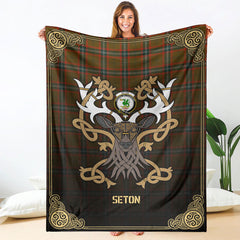 Seton Hunting Modern Tartan Crest Premium Blanket - Celtic Stag style