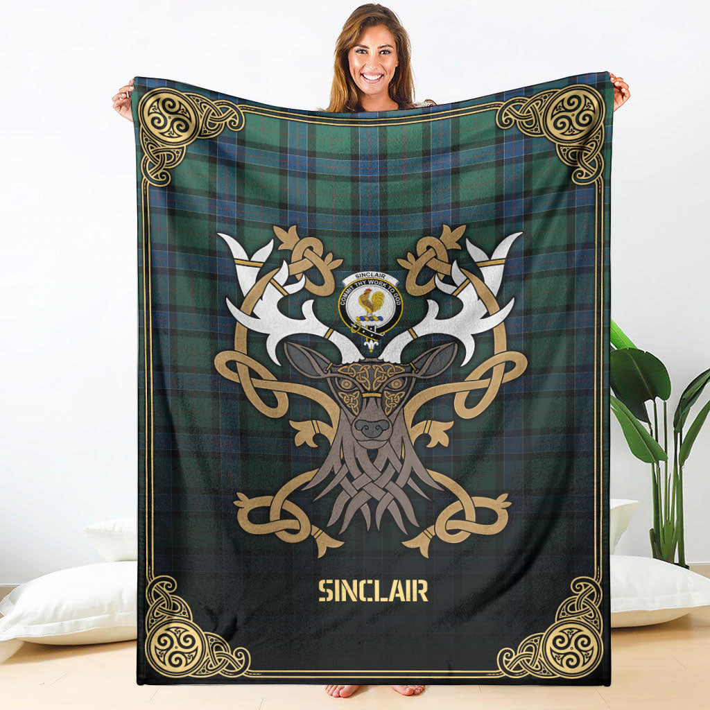 Sinclair Hunting Ancient Tartan Crest Premium Blanket - Celtic Stag style