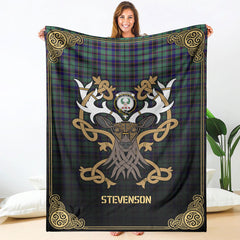 Stevenson Tartan Crest Premium Blanket - Celtic Stag style