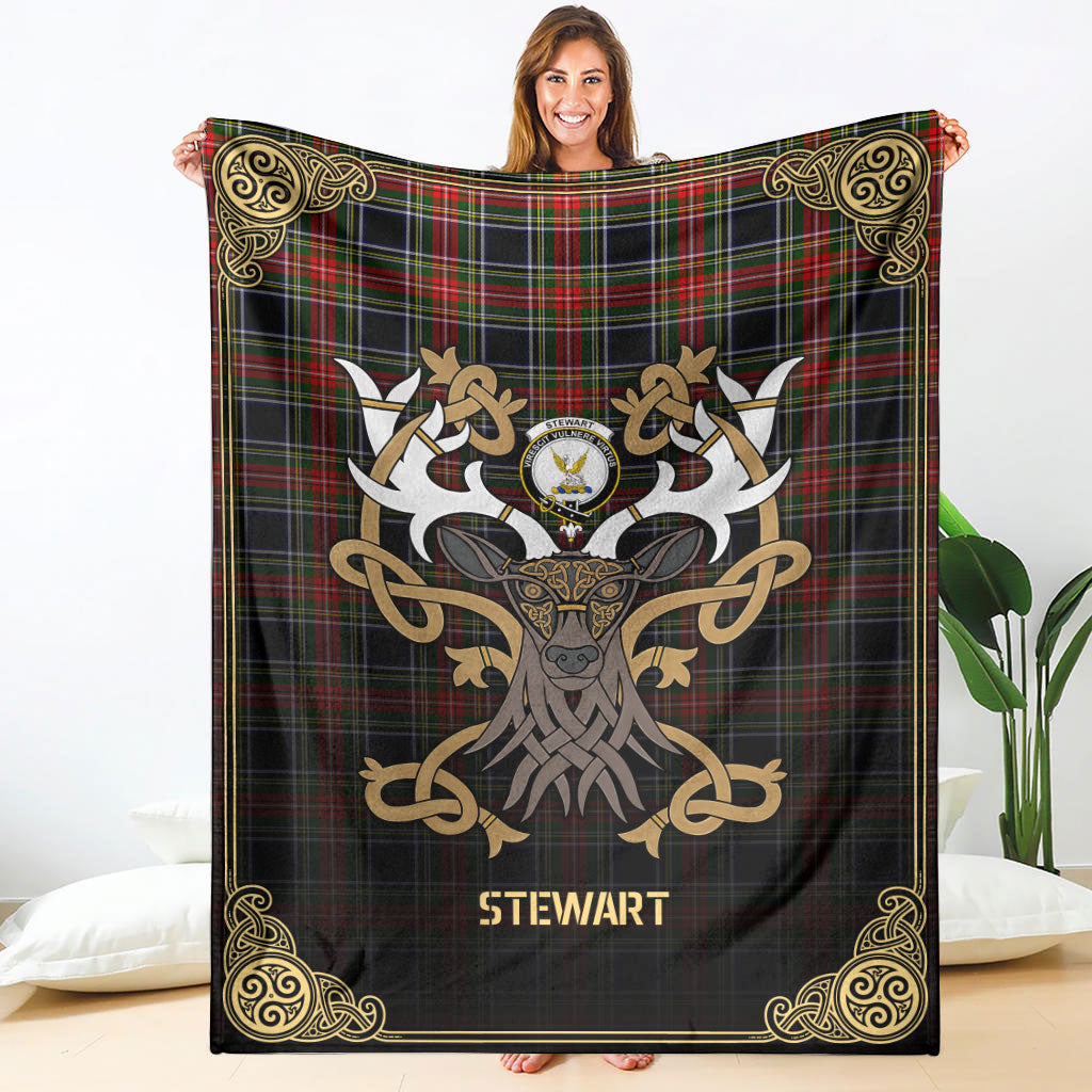 Stewart Black Tartan Crest Premium Blanket - Celtic Stag style