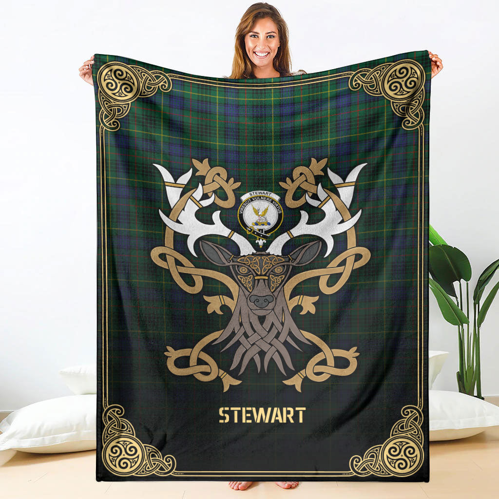 Stewart Hunting Modern Tartan Crest Premium Blanket - Celtic Stag style