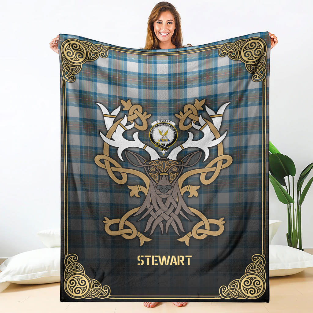 Stewart Muted Blue Tartan Crest Premium Blanket - Celtic Stag style