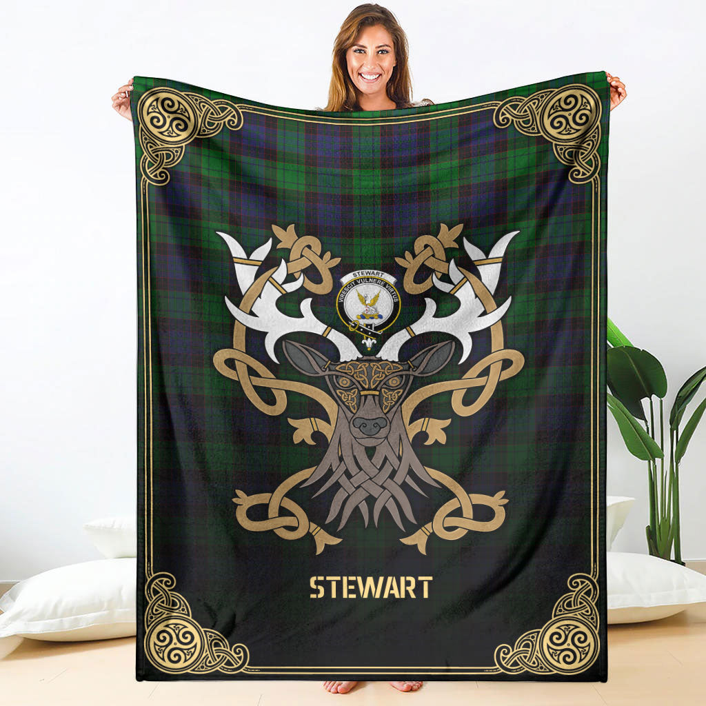 Stewart Old Modern Tartan Crest Premium Blanket - Celtic Stag style