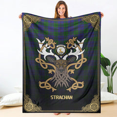 Strachan Tartan Crest Premium Blanket - Celtic Stag style