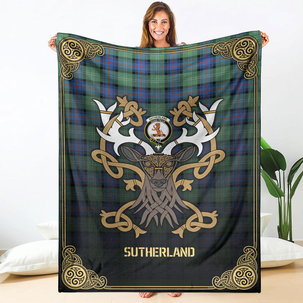 Sutherland Old Ancient Tartan Crest Premium Blanket - Celtic Stag style