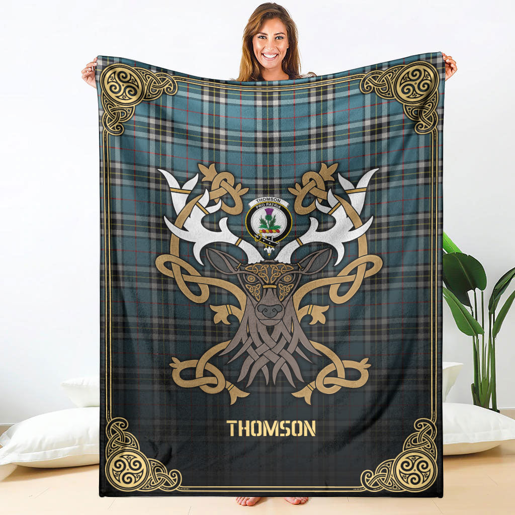 Thomson Blue Tartan Crest Premium Blanket - Celtic Stag style