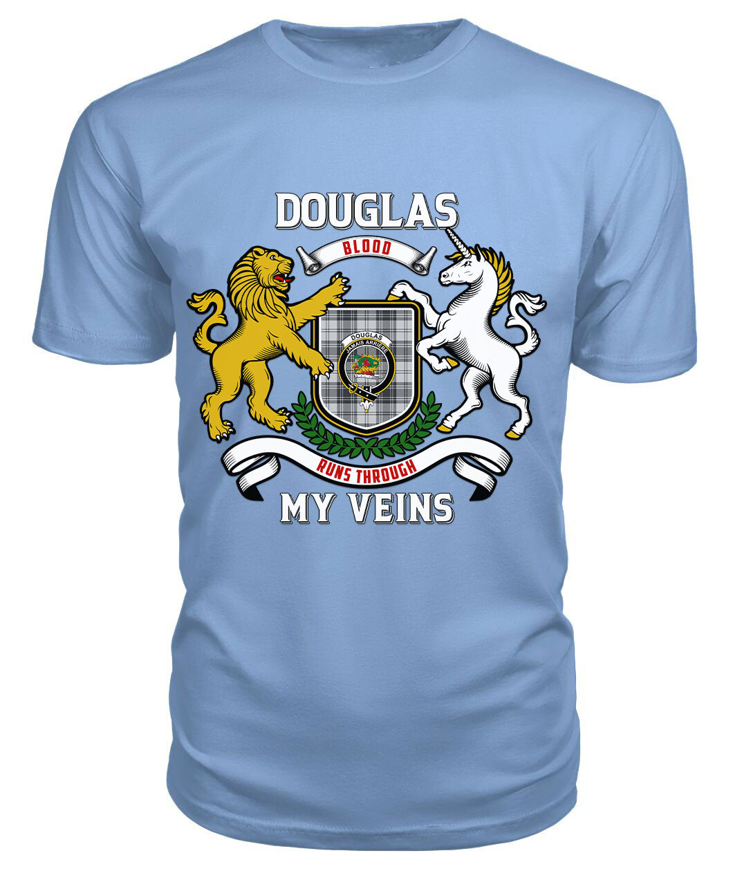 Douglas Grey Modern Tartan Crest 2D T-shirt - Blood Runs Through My Veins Style