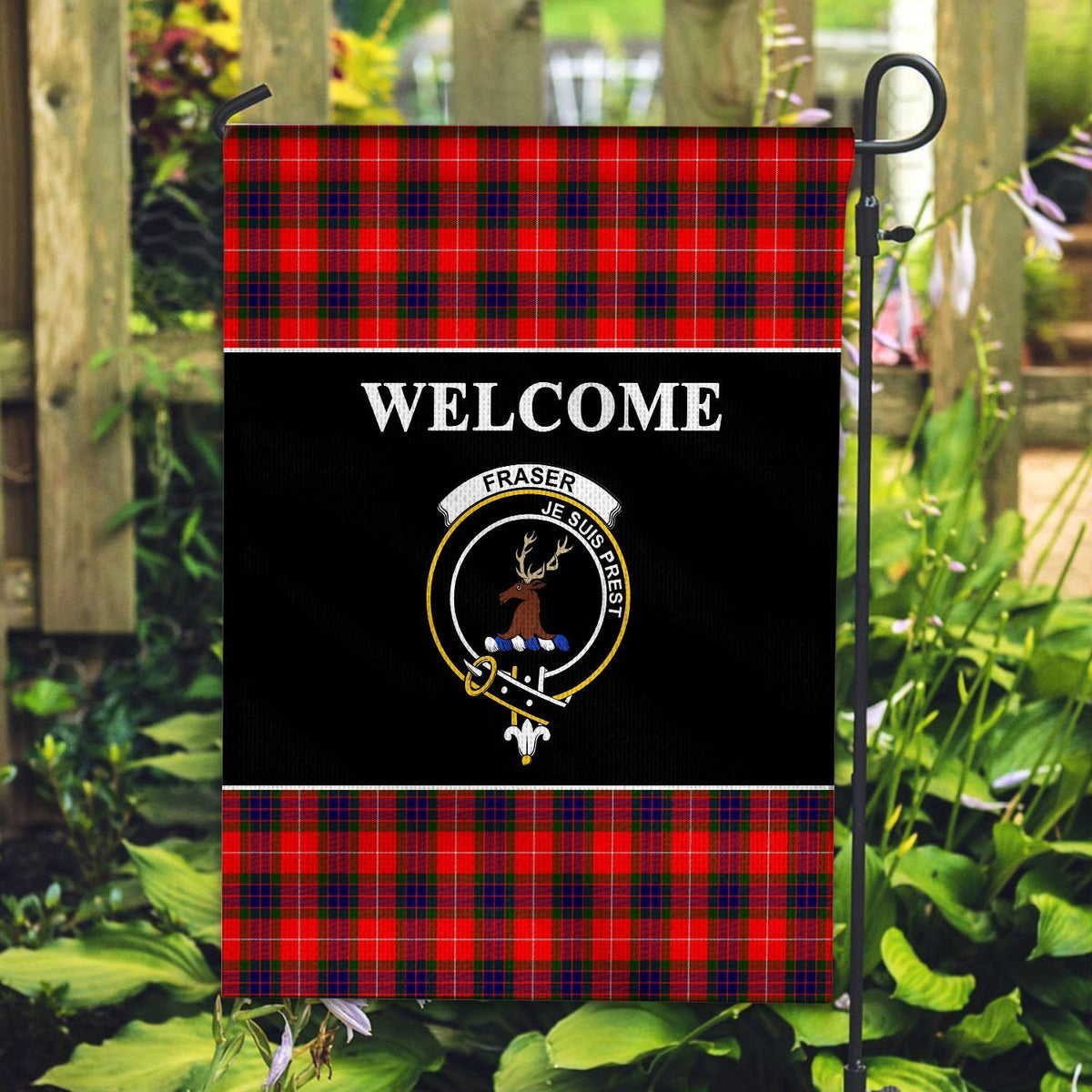 Fraser (of Lovat) Tartan Crest Black Garden Flag