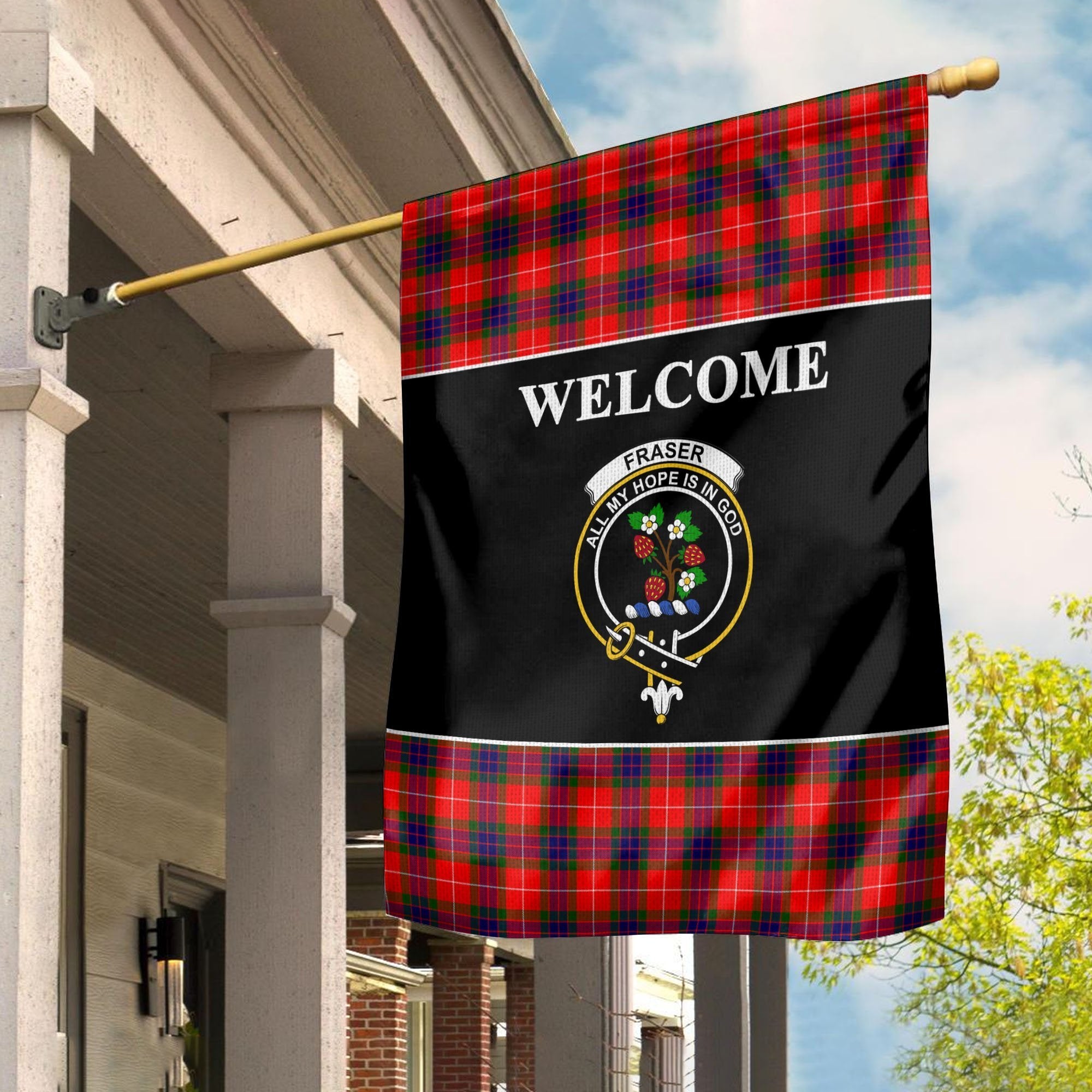 Fraser Tartan Crest Black Garden Flag