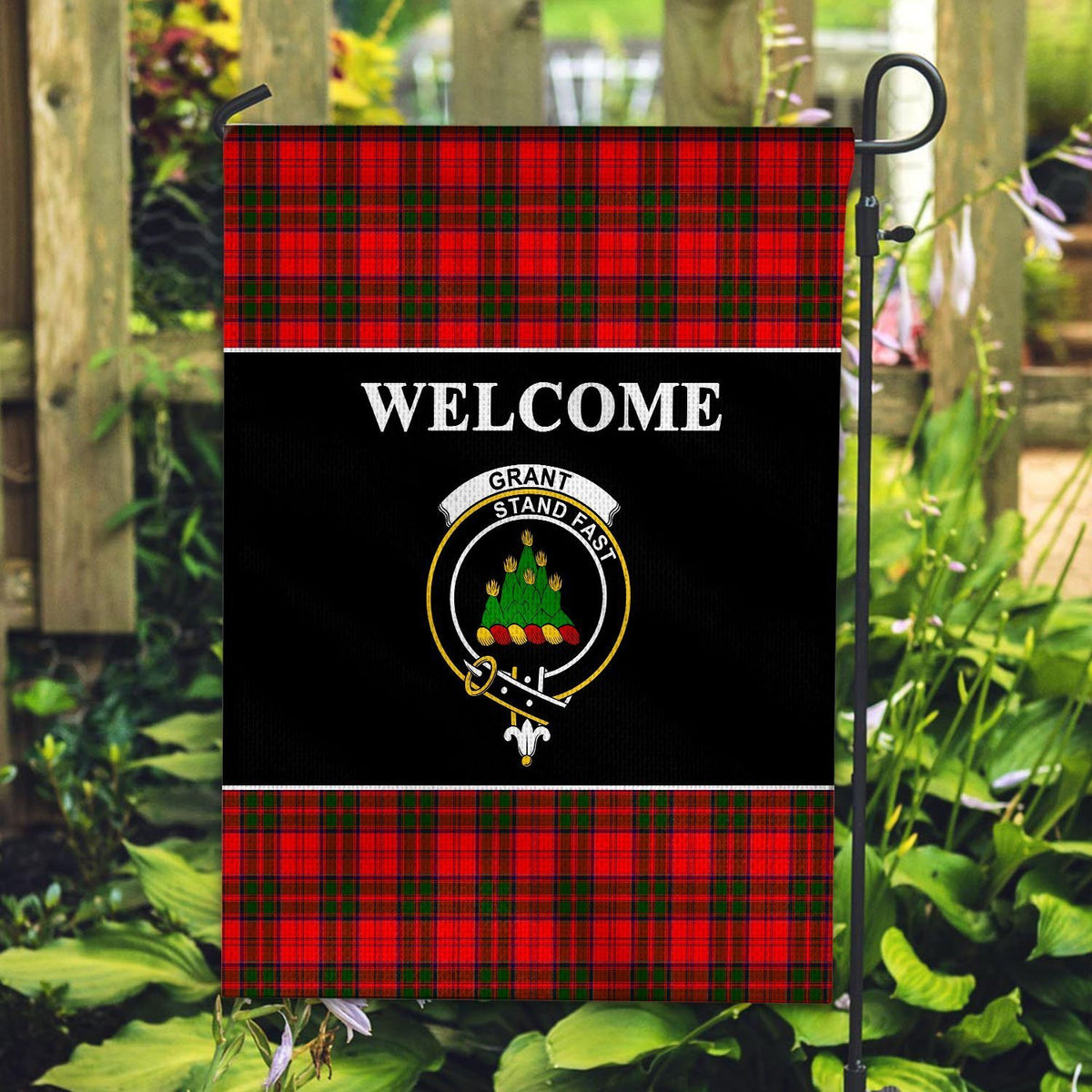 Grant Tartan Crest Black Garden Flag