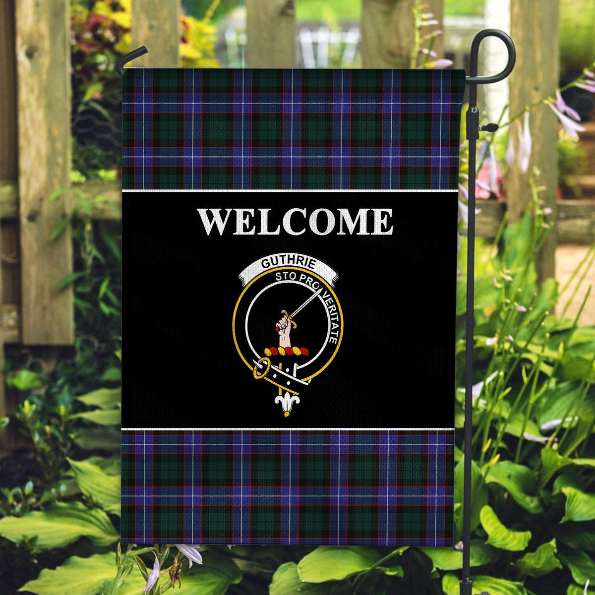 Guthrie Tartan Crest Black Garden Flag