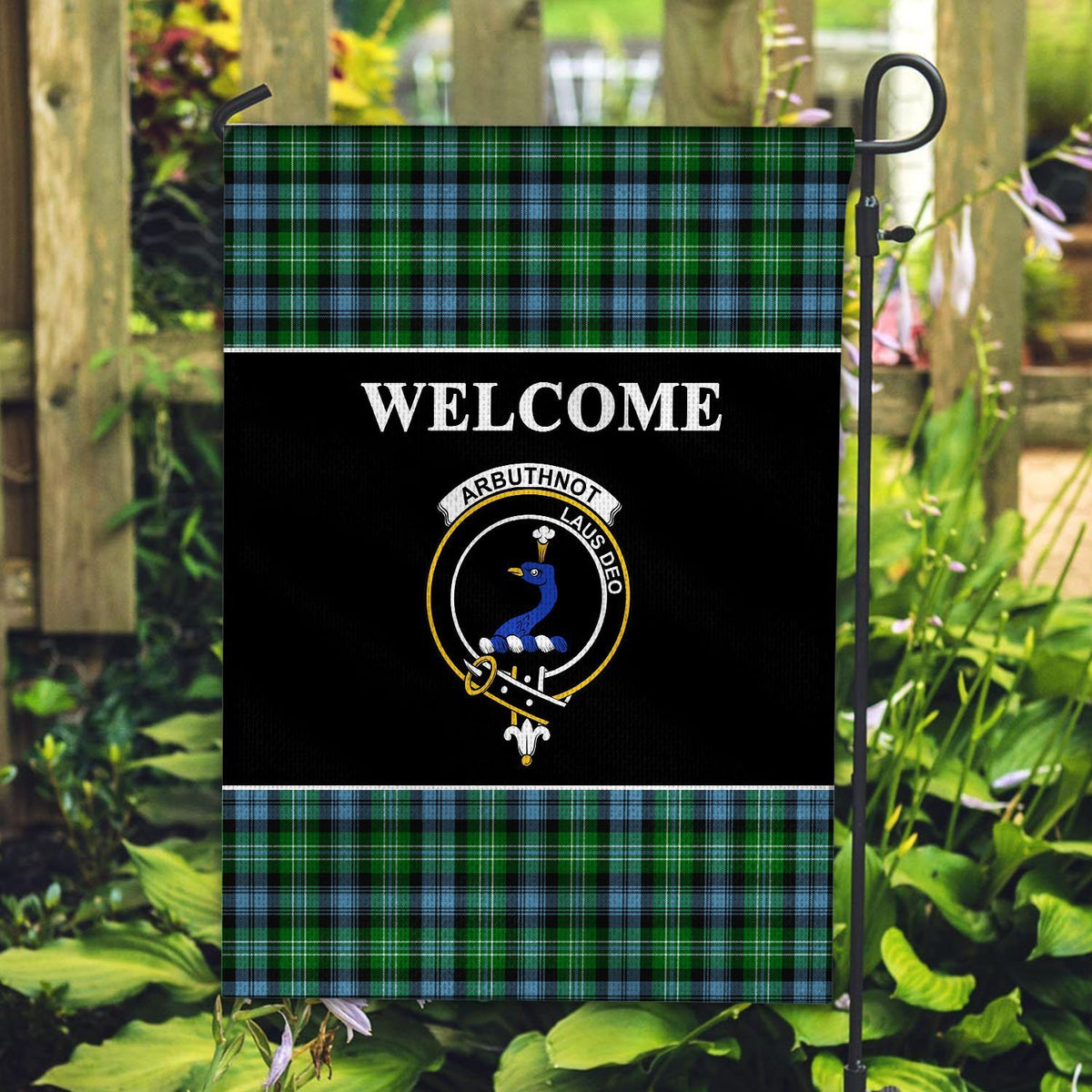 Arbuthnot Tartan Crest Black Garden Flag