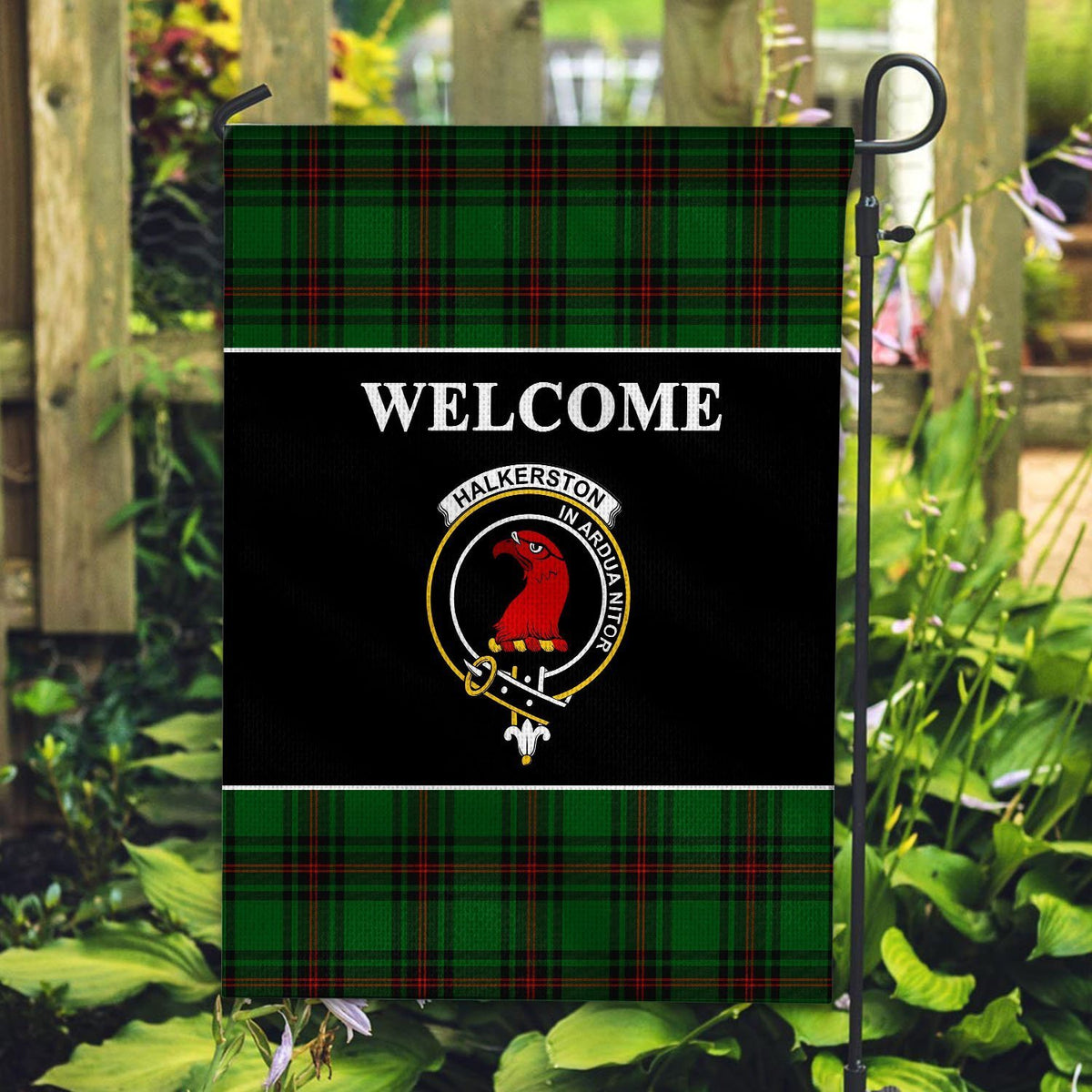 Halkerston Tartan Crest Black Garden Flag