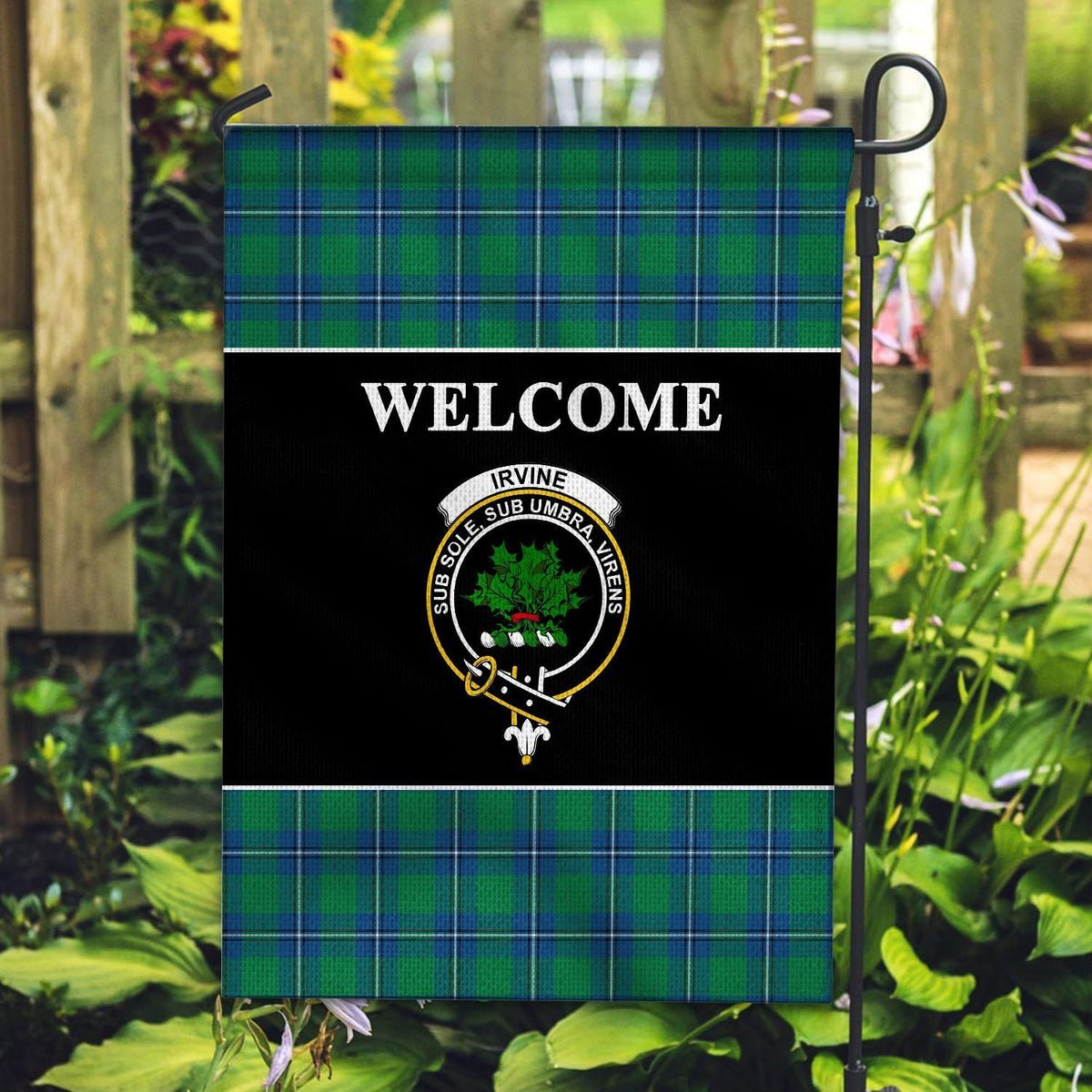 Irvine Tartan Crest Black Garden Flag