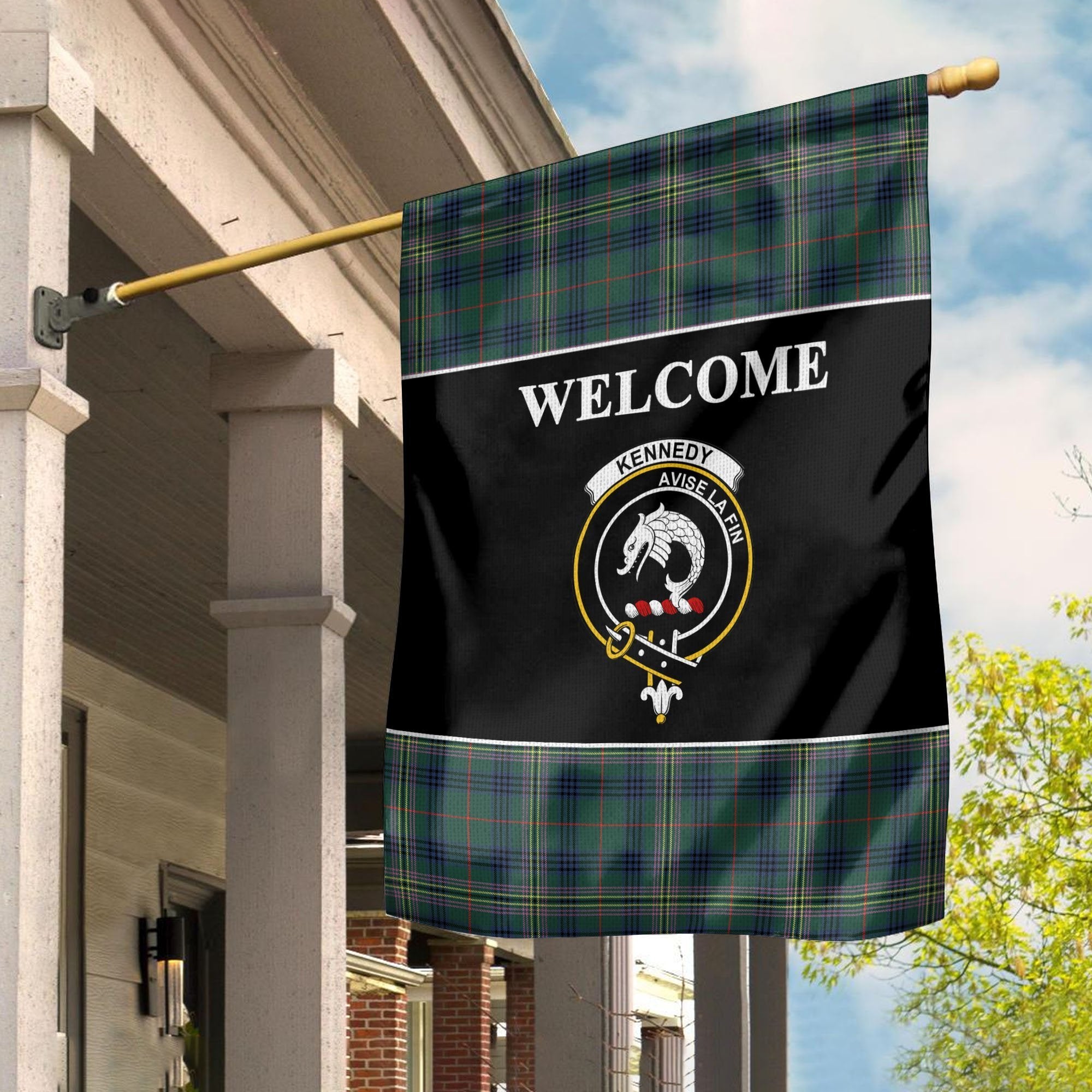 Kennedy Tartan Crest Black Garden Flag