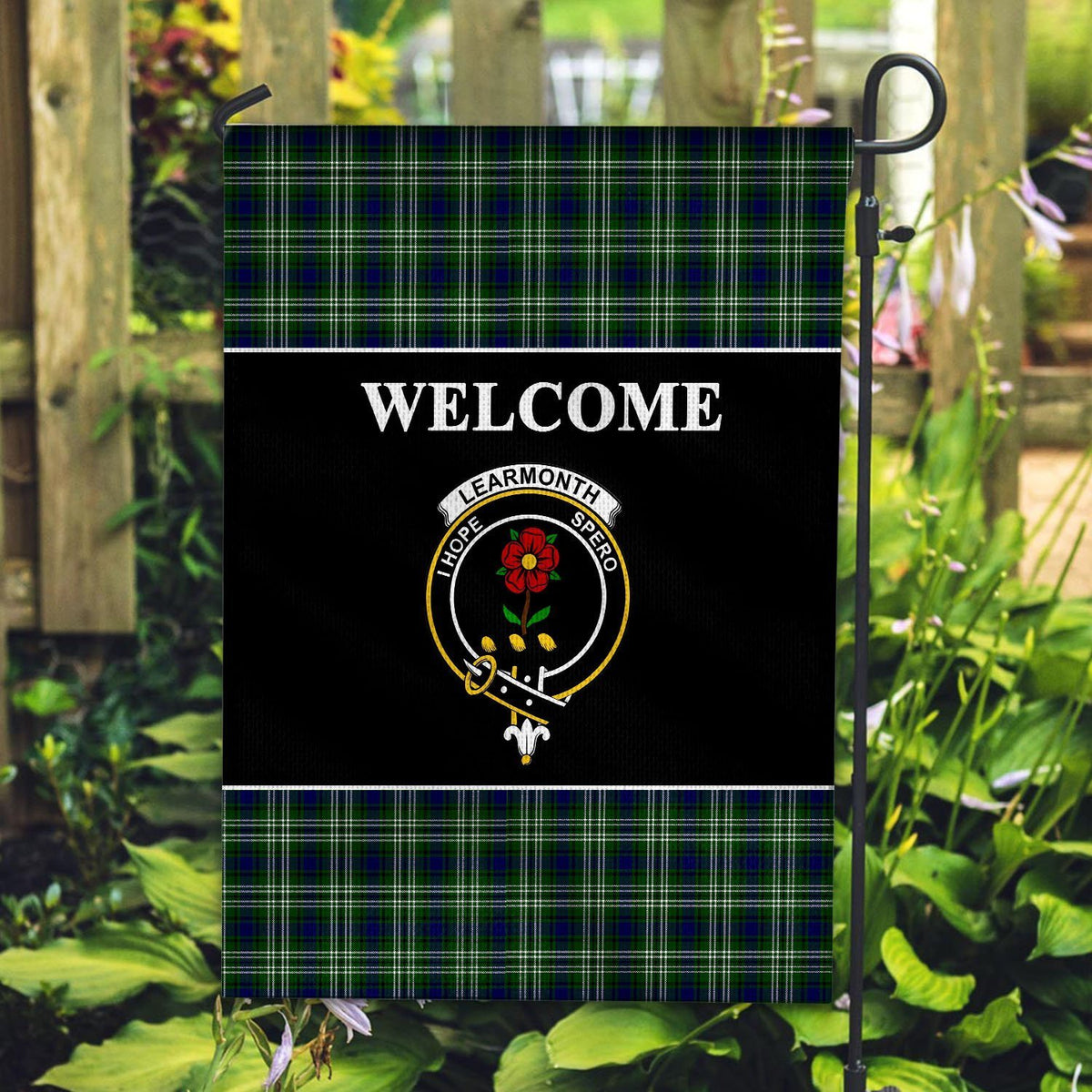 Learmonth Tartan Crest Black Garden Flag