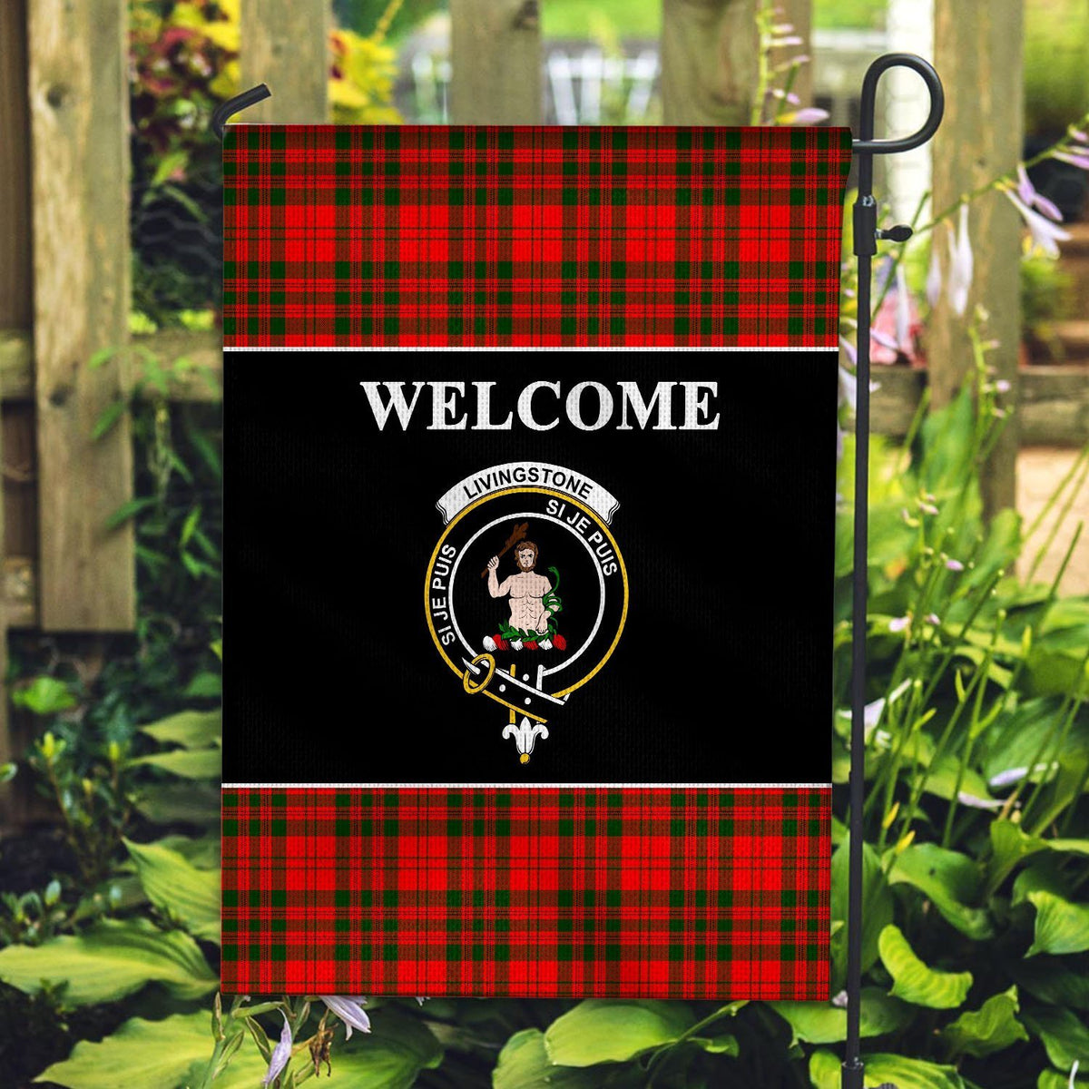 Livingstone Tartan Crest Black Garden Flag