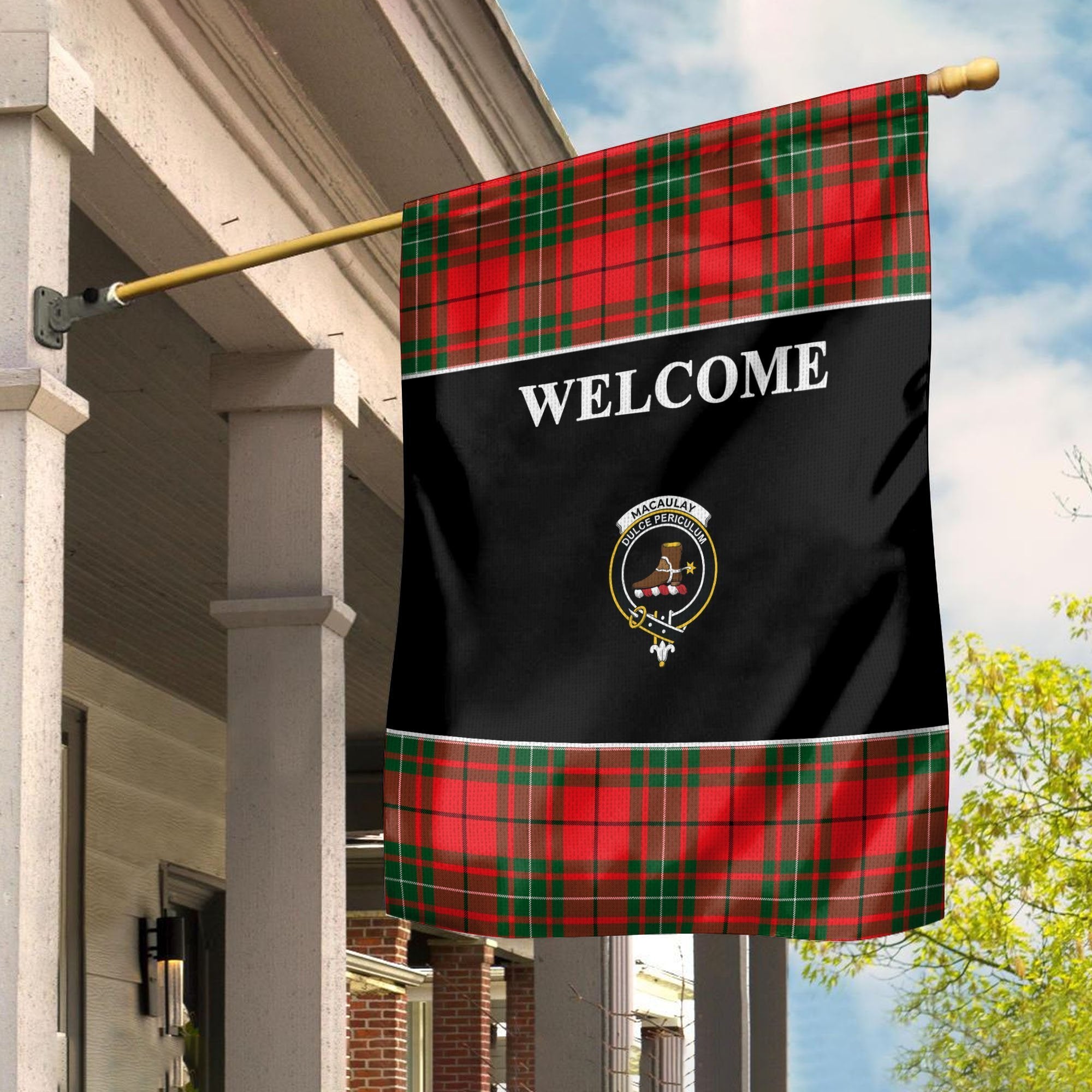 MacAulay Tartan Crest Black Garden Flag