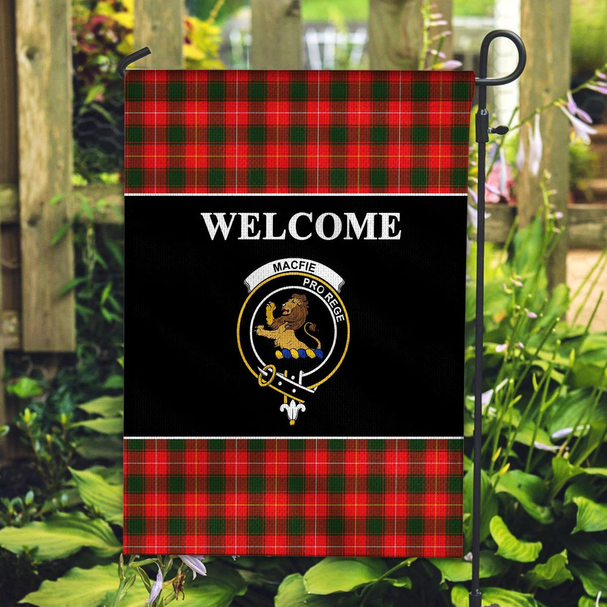 MacFie (of Dreghorn) Tartan Crest Black Garden Flag