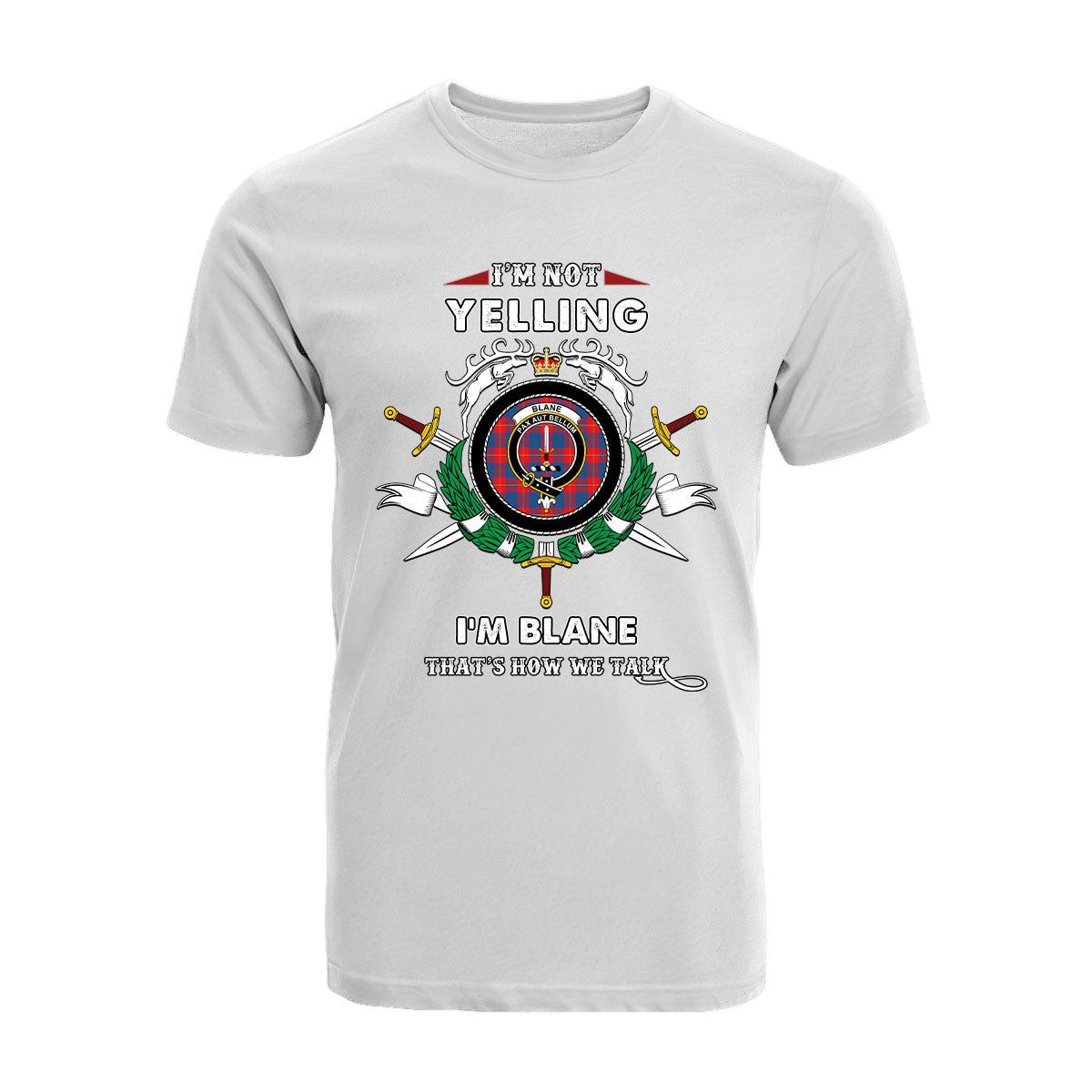 Blane Tartan Crest T-shirt - I'm not yelling style