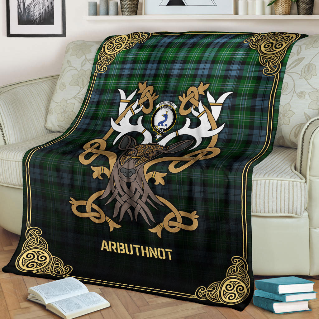 Arbuthnot Ancient Tartan Crest Premium Blanket - Celtic Stag style