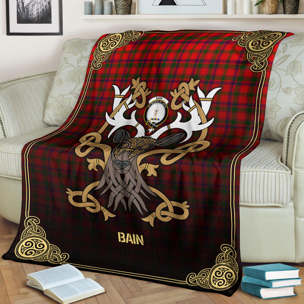 Bain Tartan Crest Premium Blanket - Celtic Stag style