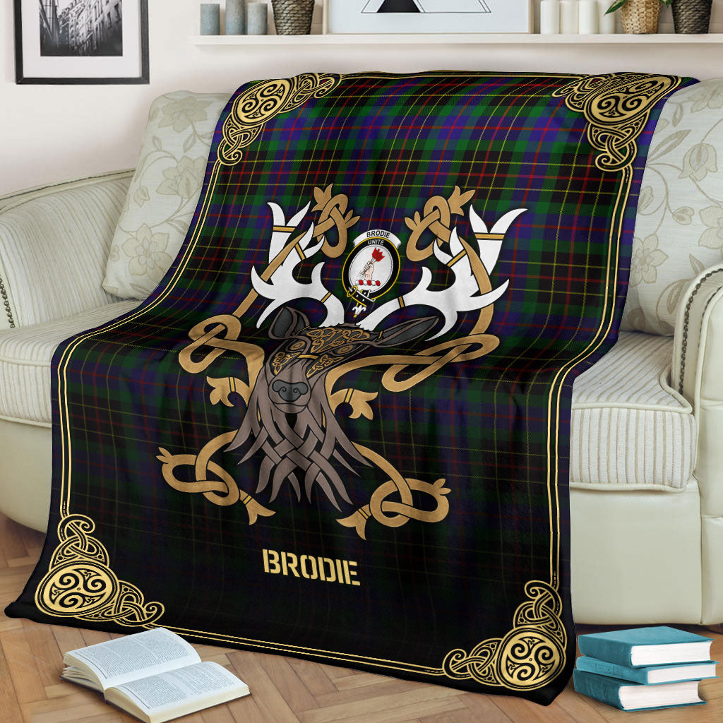 Brodie Hunting Modern Tartan Crest Premium Blanket - Celtic Stag style