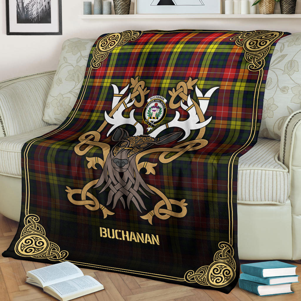 Buchanan Modern Tartan Crest Premium Blanket - Celtic Stag style