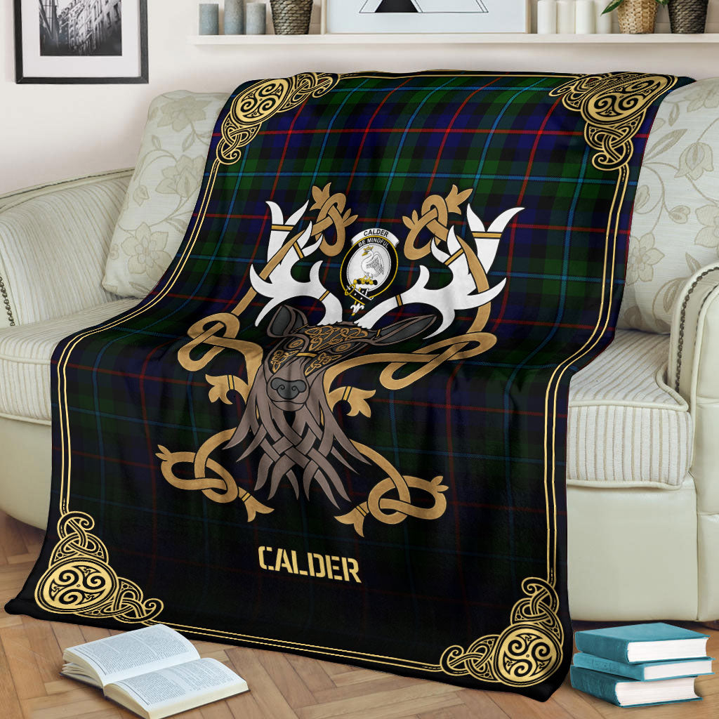 Calder (Calder-Campbell) Tartan Crest Premium Blanket - Celtic Stag style