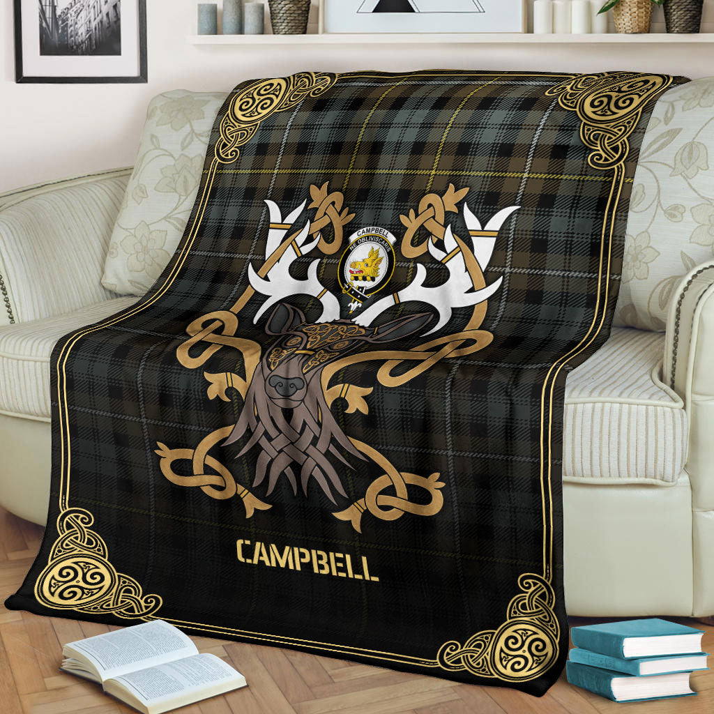 Campbell Argyll Weathered Tartan Crest Premium Blanket - Celtic Stag style