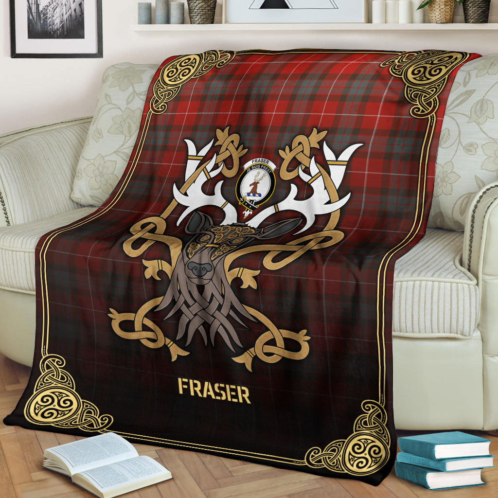 Fraser (of Lovat) Weathered Tartan Crest Premium Blanket - Celtic Stag style