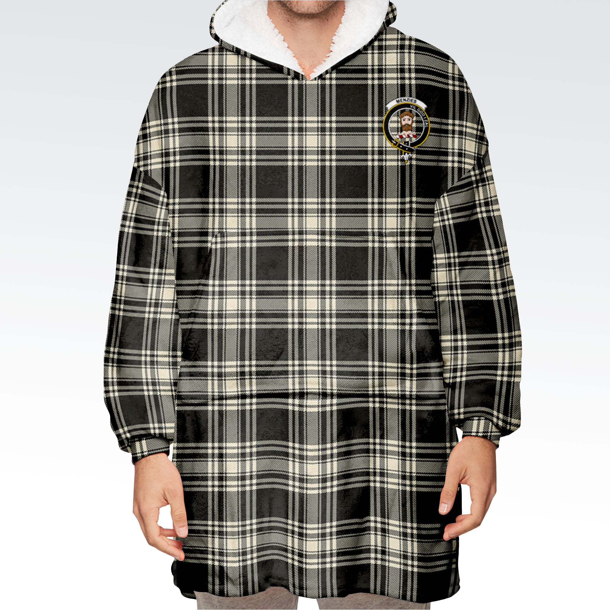 Menzies Black _ White Ancient Tartan Hoodie Blanket