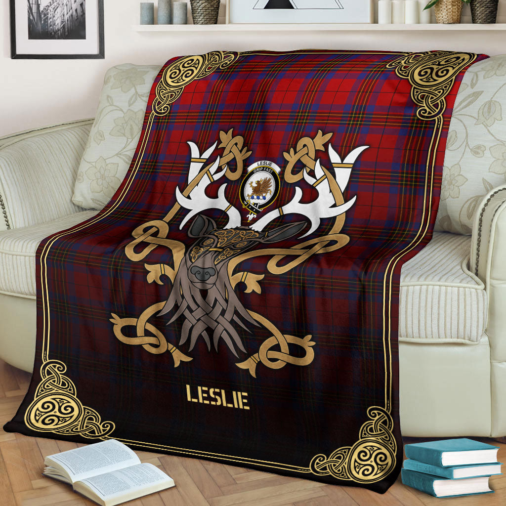 Leslie Modern Tartan Crest Premium Blanket - Celtic Stag style