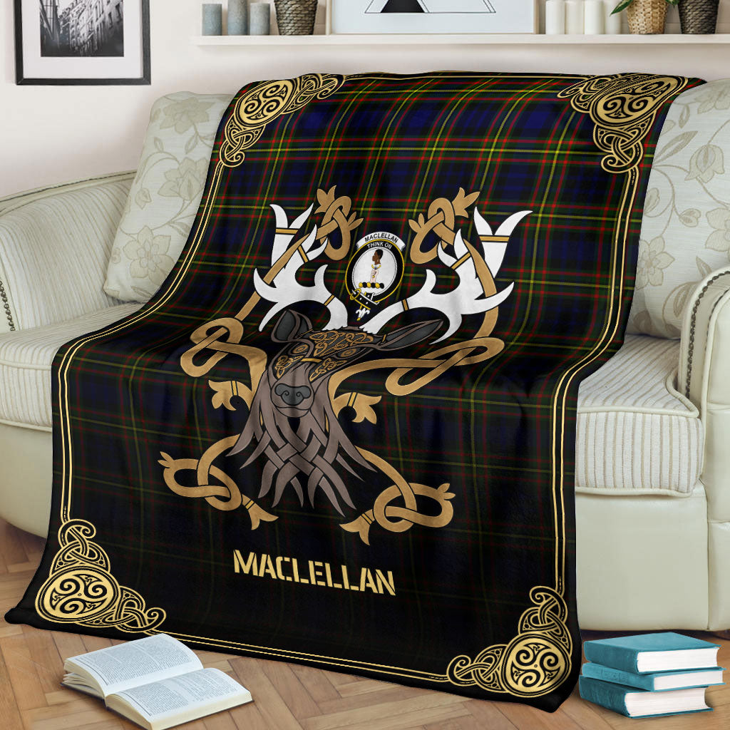 MacLellan Modern Tartan Crest Premium Blanket - Celtic Stag style