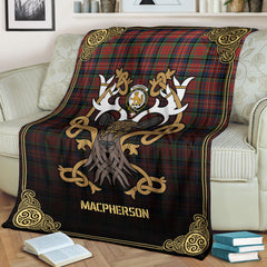 MacPherson Ancient Tartan Crest Premium Blanket - Celtic Stag style