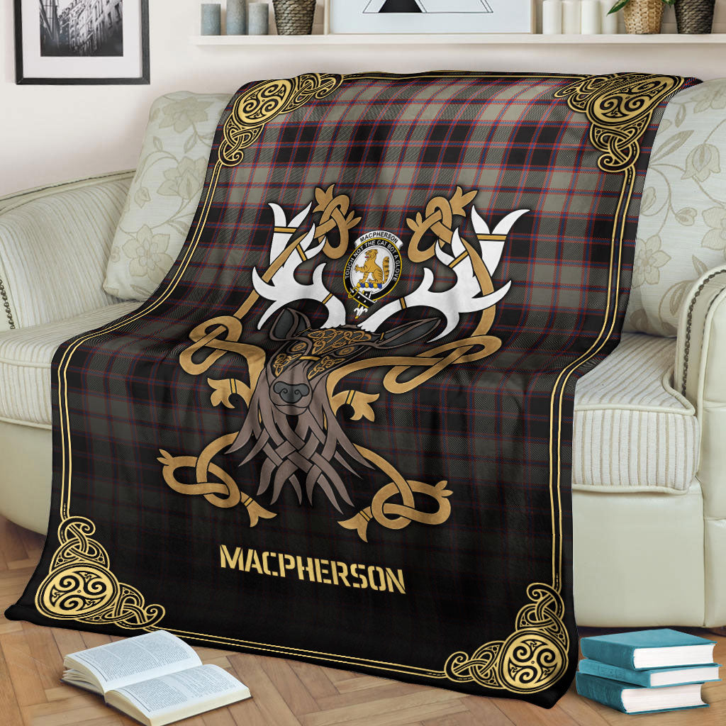 MacPherson Hunting Ancient Tartan Crest Premium Blanket - Celtic Stag style