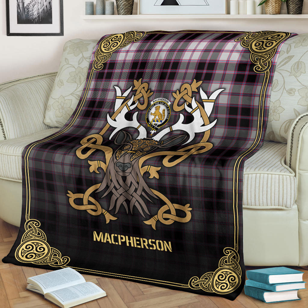 MacPherson Hunting Modern Tartan Crest Premium Blanket - Celtic Stag style