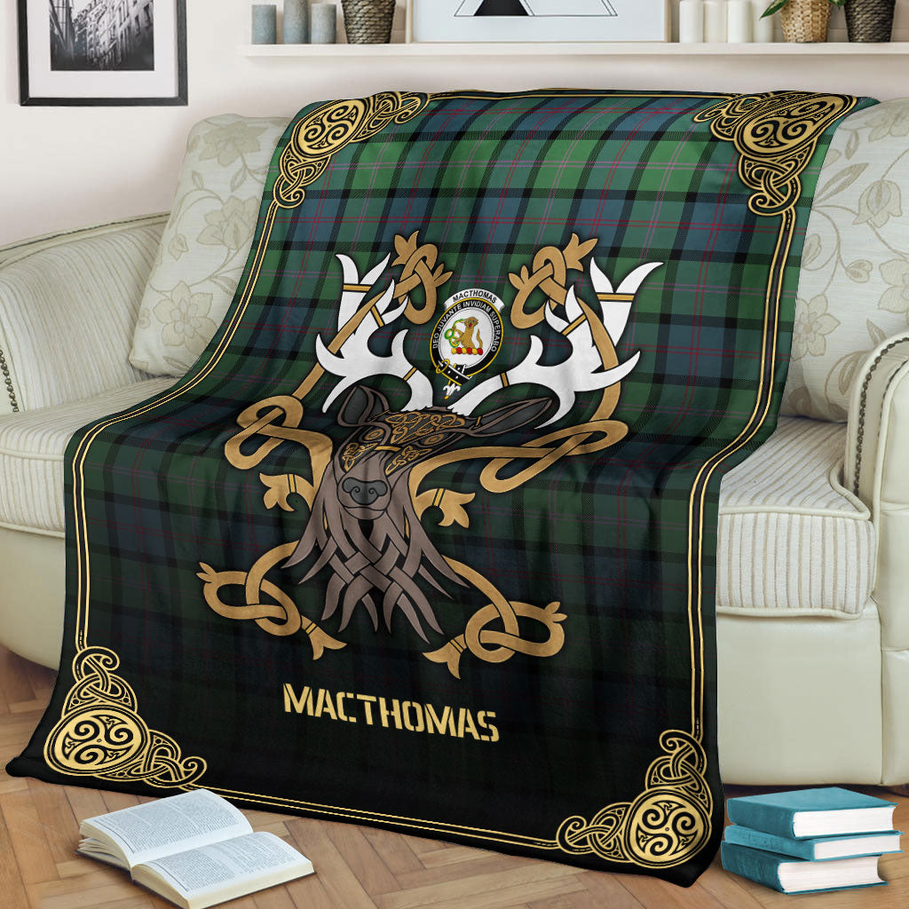 MacThomas Ancient Tartan Crest Premium Blanket - Celtic Stag style