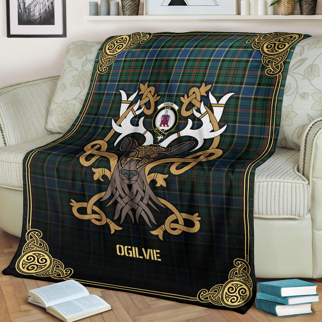 Ogilvie Hunting Ancient Tartan Crest Premium Blanket - Celtic Stag style