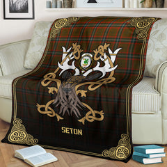 Seton Hunting Modern Tartan Crest Premium Blanket - Celtic Stag style