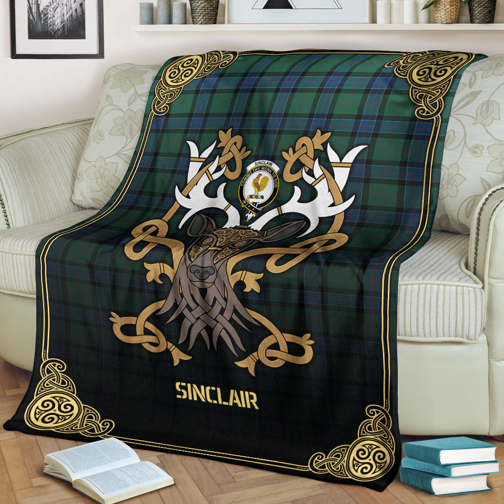 Sinclair Hunting Ancient Tartan Crest Premium Blanket - Celtic Stag style