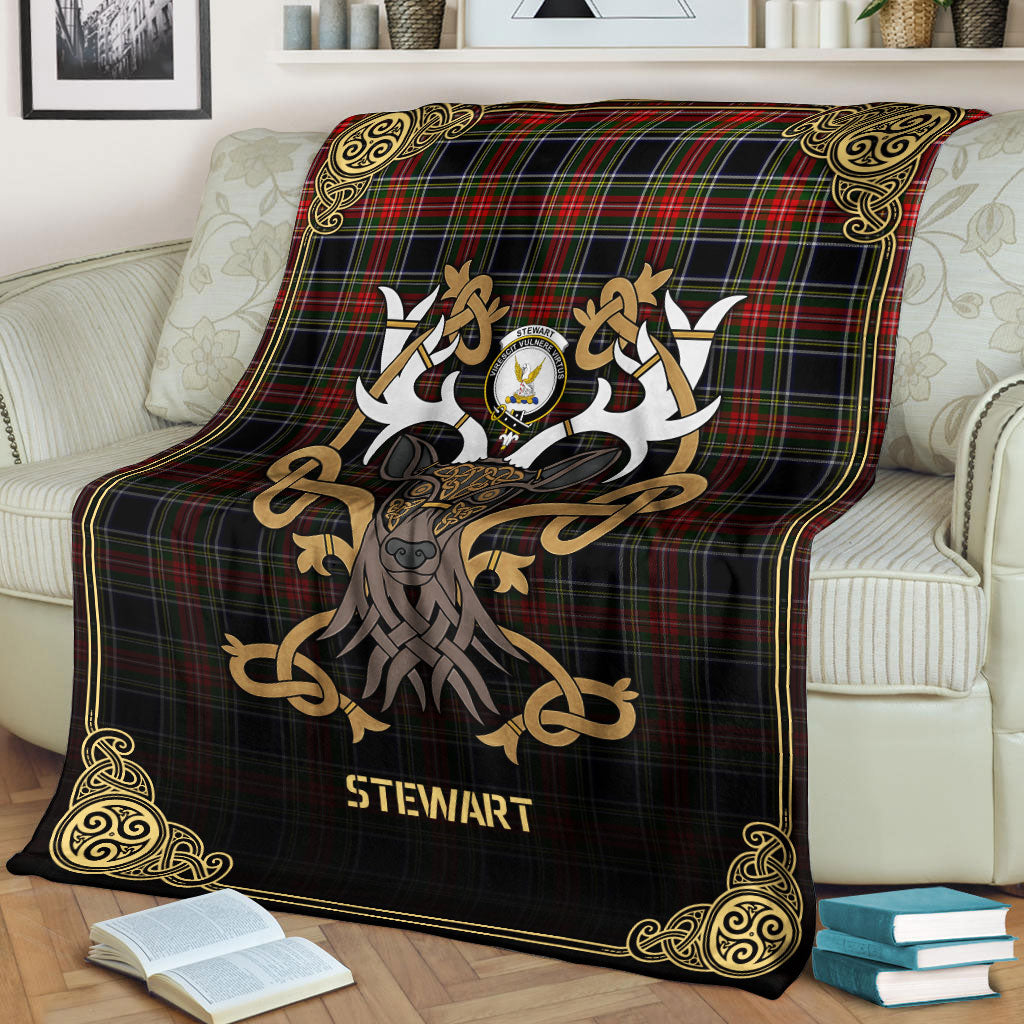 Stewart Black Tartan Crest Premium Blanket - Celtic Stag style