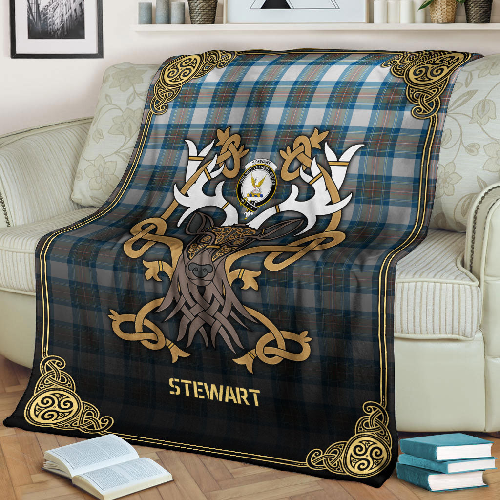 Stewart Muted Blue Tartan Crest Premium Blanket - Celtic Stag style