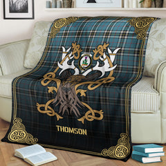 Thomson Blue Tartan Crest Premium Blanket - Celtic Stag style